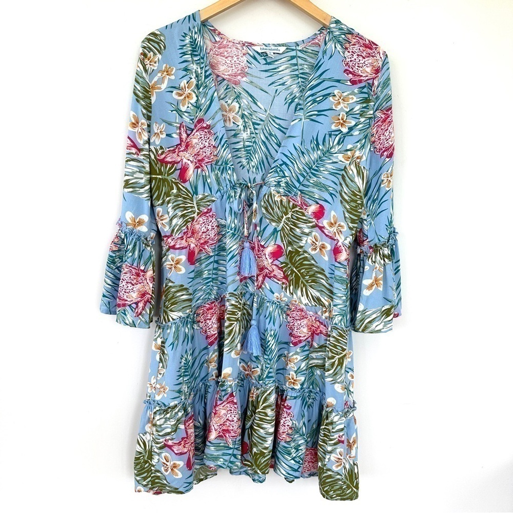 Blue  Island swim coverup or beach dress, 3/4 length sleeves, ruffled